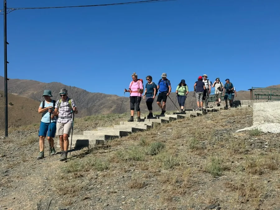 A walking group paused on stone steps on a mountain trail