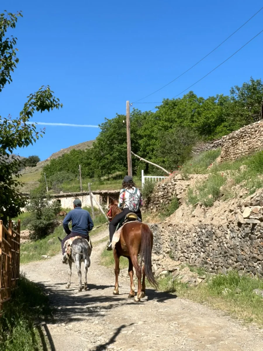 Riders travelling along a stone-lined village lane