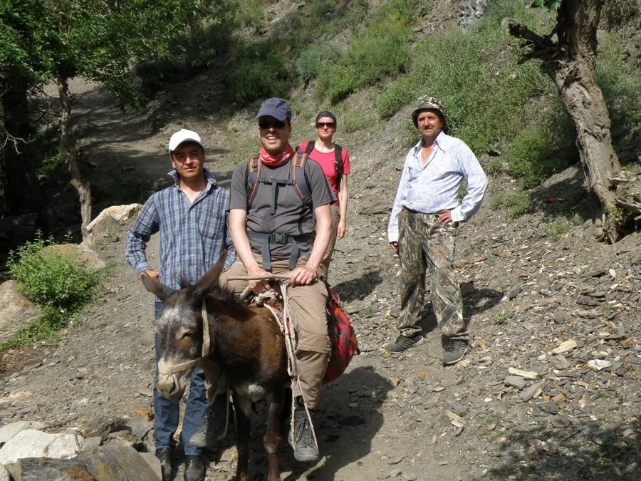 Travelers with a donkey on a rocky village path