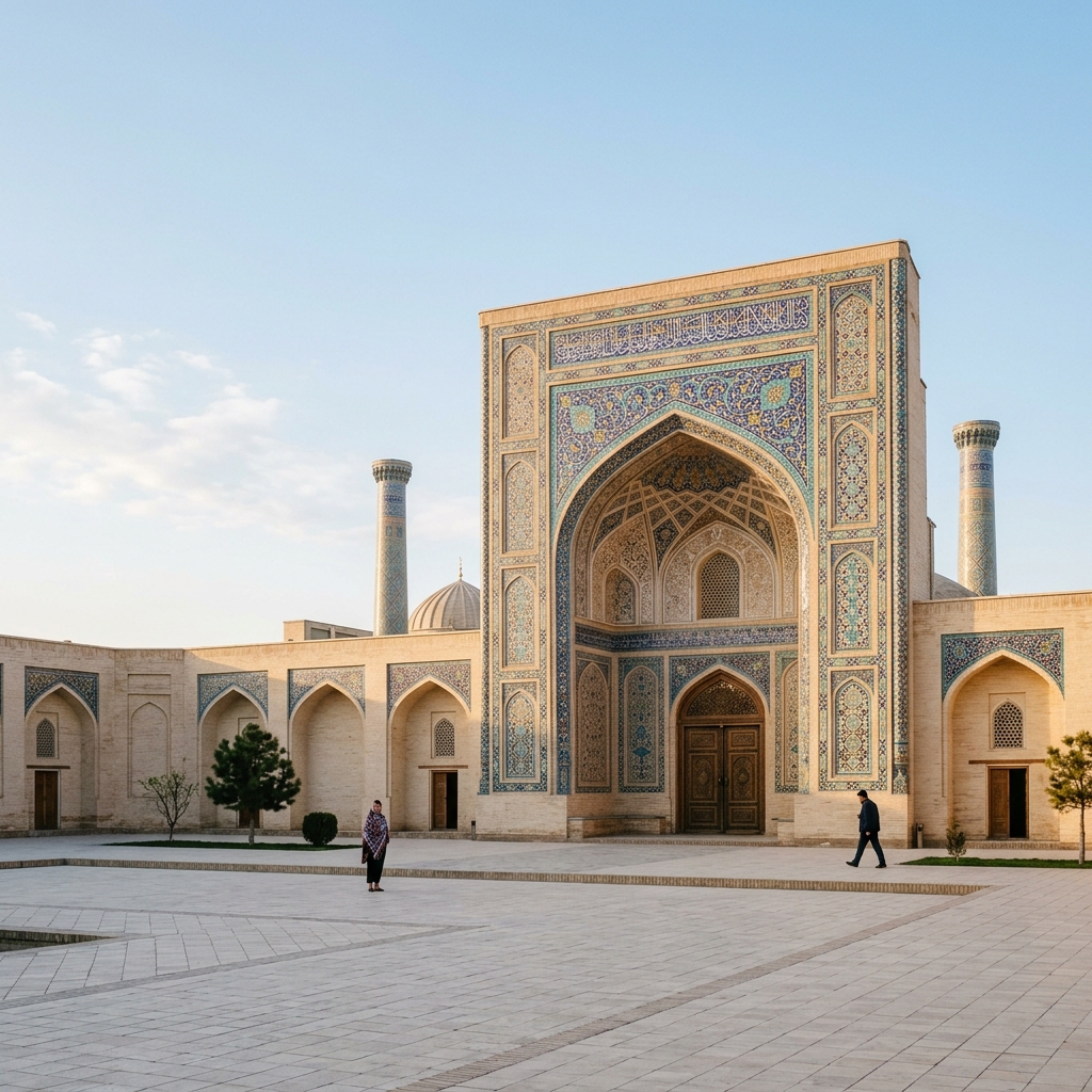 Hazrati Imam Complex in Tashkent illuminated by soft early-morning sunlight