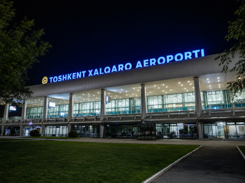 d3a7340e-0400-420d-962e-3564bf711565 - Silk Road Elite - Silk Road Elite Tashkent International Airport terminal illuminated at night