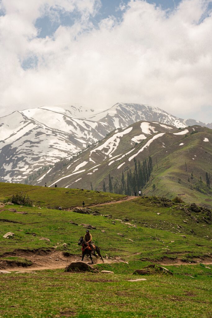 Lone horse rider on green foothills below snowcapped mountains