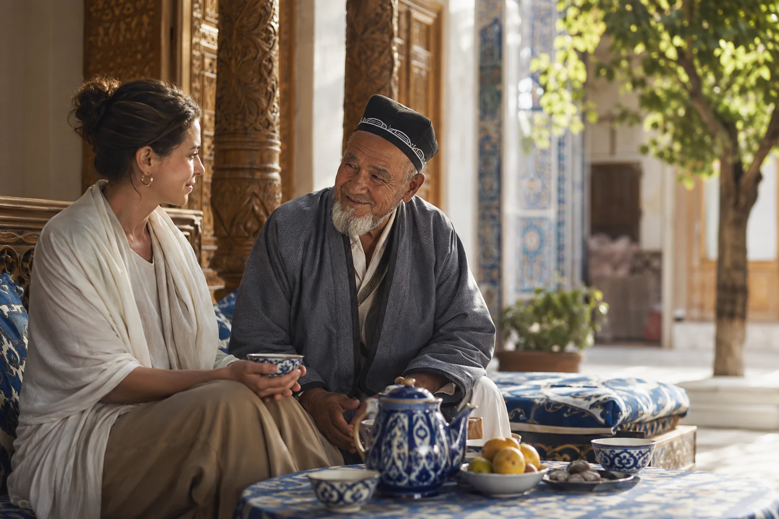 A heartfelt welcome in Uzbekistan - Silk Road Elite - Silk Road Elite Healthcare traveler sharing tea with a local Uzbek host