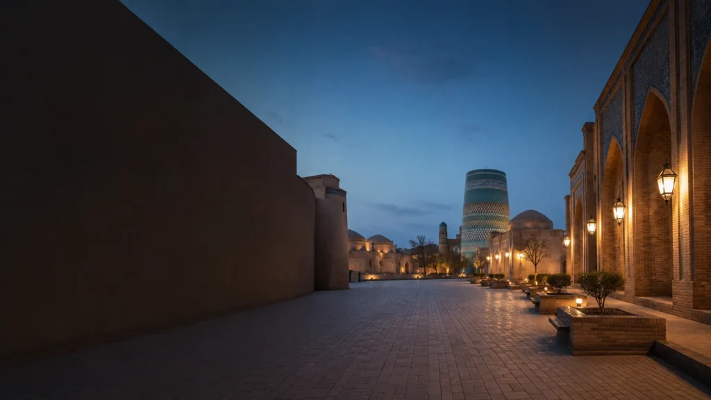 Lamp-lit pedestrian avenue with blue-tiled architecture at dusk.