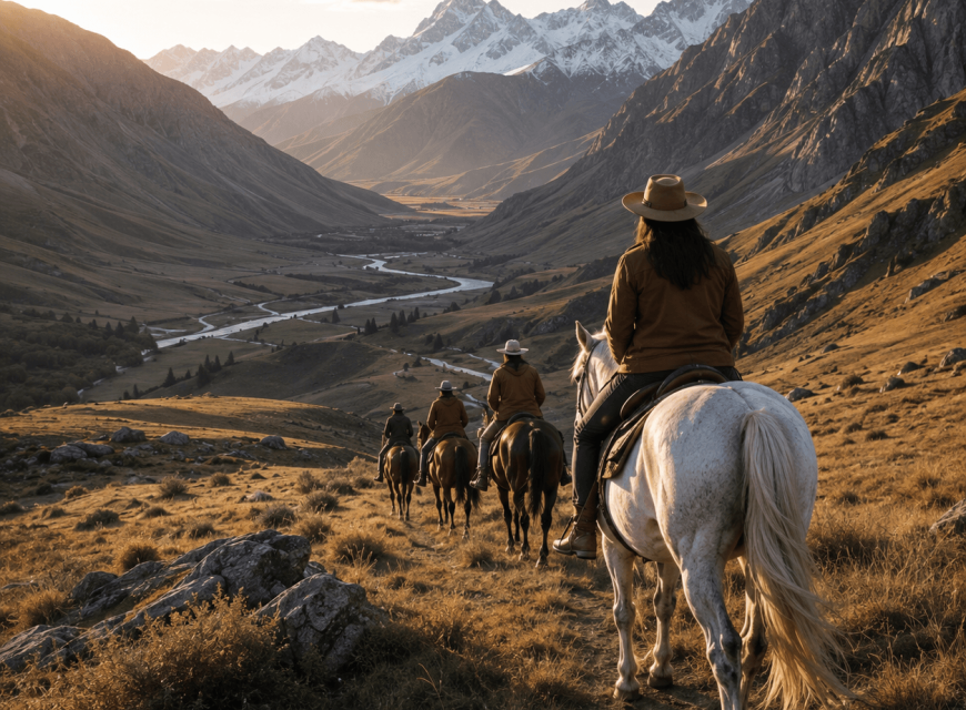 Horse riders following a trail through a high mountain valley