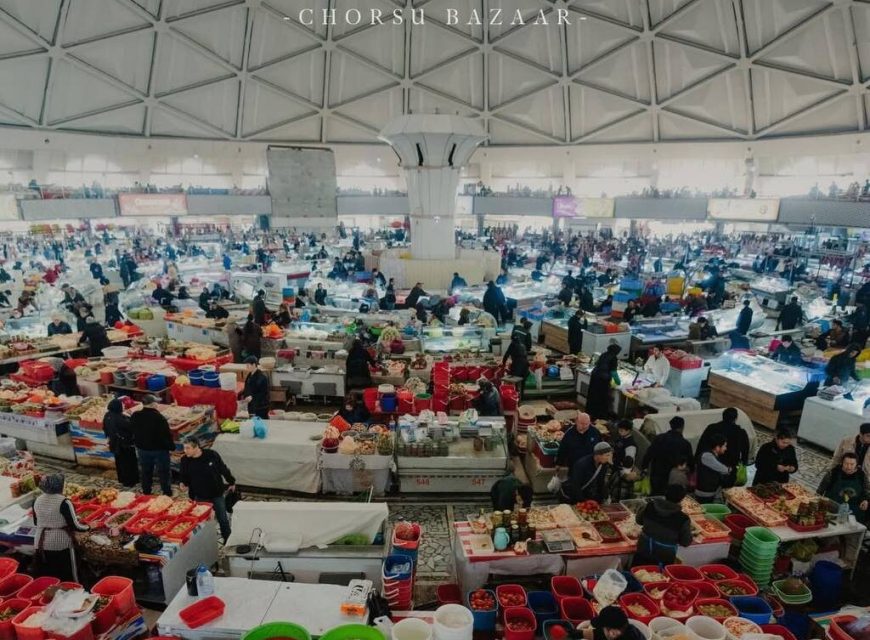 Market stalls inside Chorsu Bazaar in Tashkent.