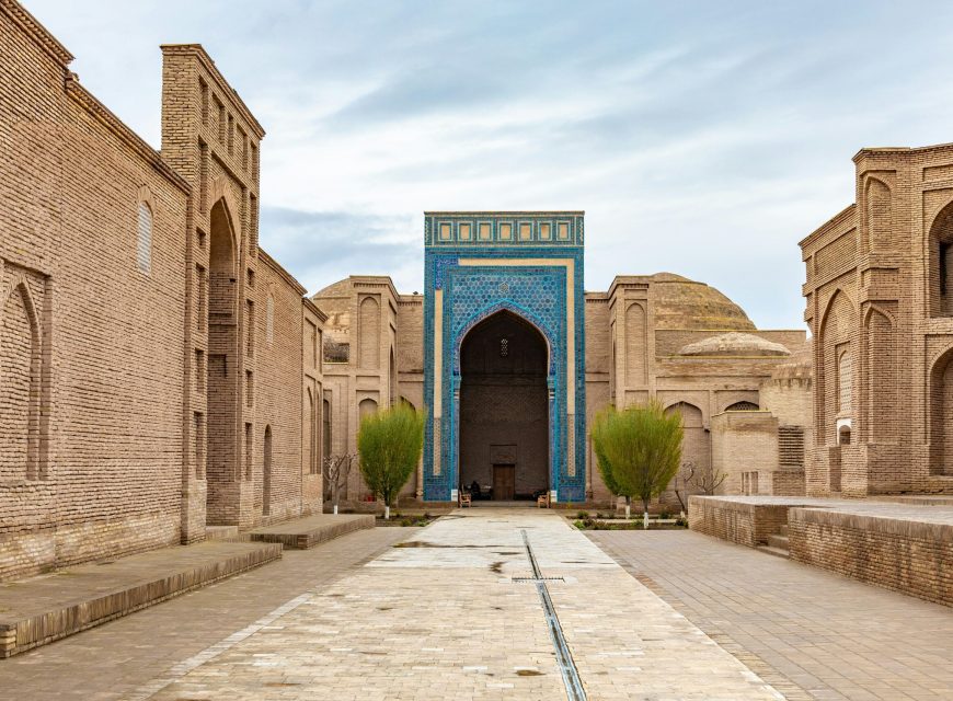 Ornate entrance of a historic madrasa