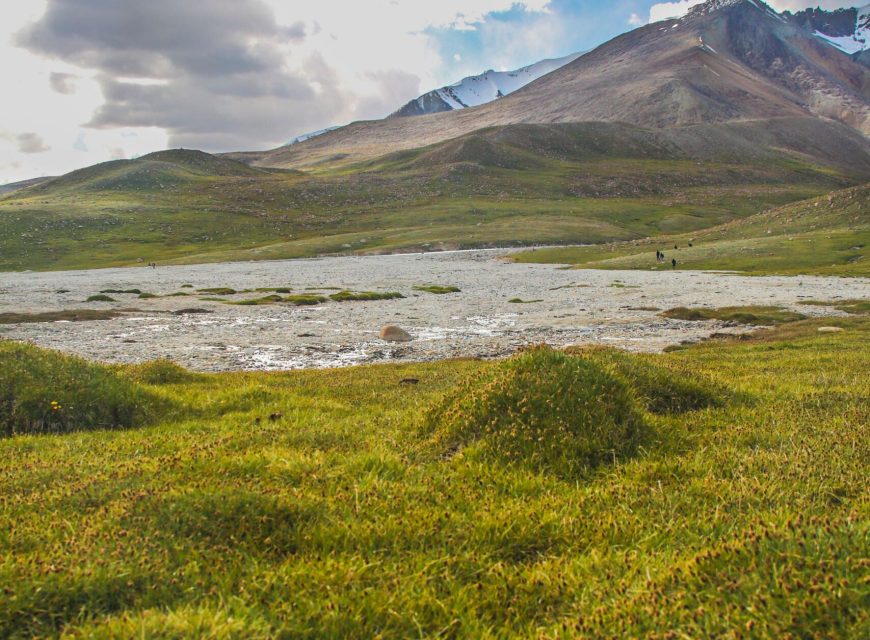 Vertical shot of grassy high-altitude alpine tundra with rocky terrain leading to rugged, snow-patched mountain peaks under a cloud-filled blue sky.