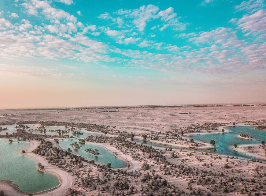 Aerial view of Aydarkul Lake and the Kyzylkum Desert in Uzbekistan