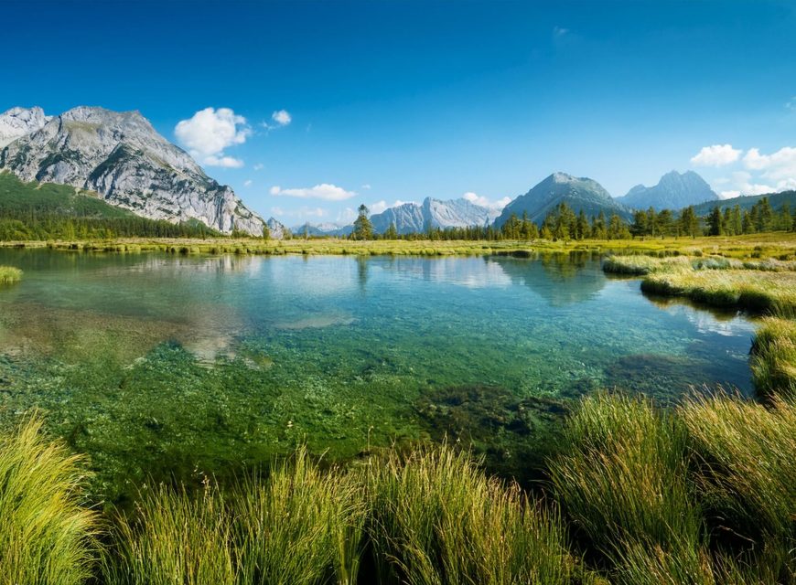 Clear mountain lake reflecting snow-capped peaks and green forests