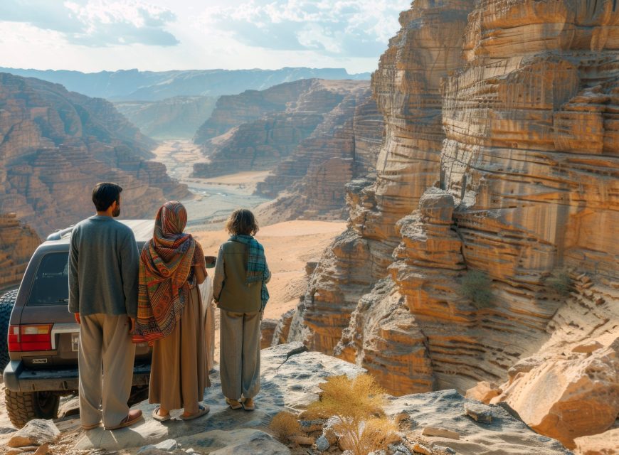 Travelers overlooking a dramatic canyon landscape
